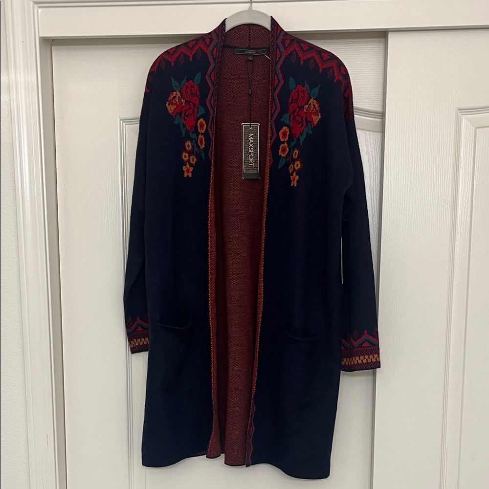 Max Sport Navy Open-Front Cardigan with Red Floral Design